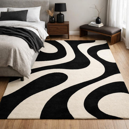 Luxury Black and White Rug | Modern Geometric Area Rug | Plush High Pile Living Room Carpet | Contemporary Statement Floor Decor rug | 9x12