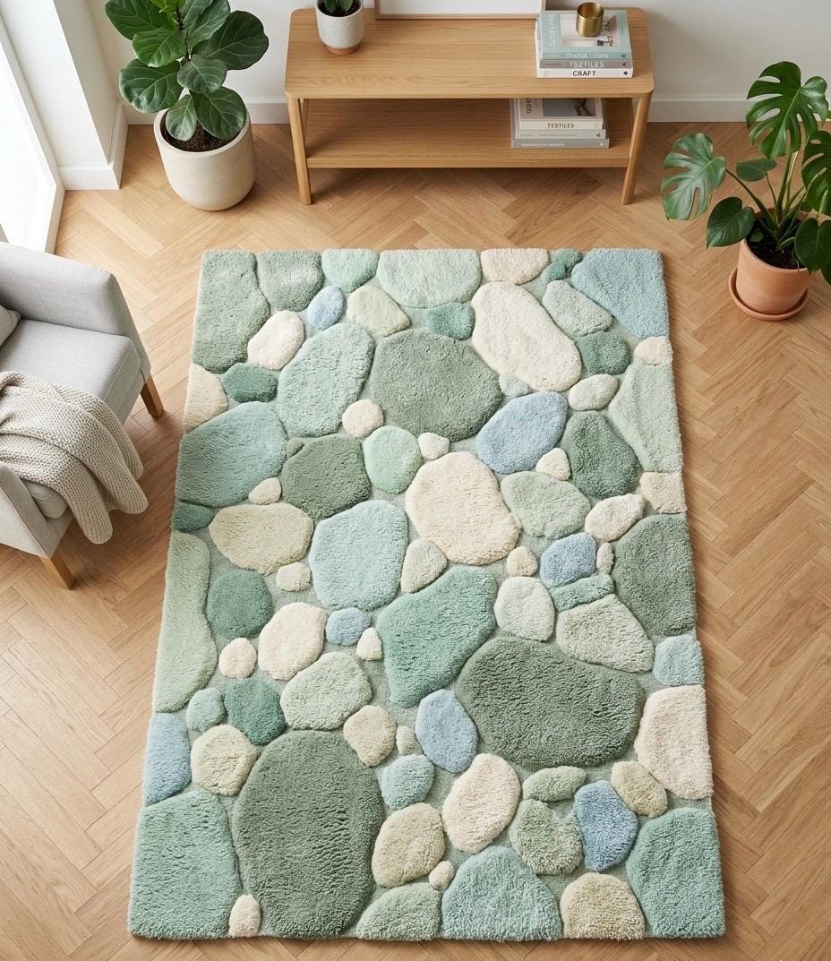 Luxury Pebble Area Rug | Handmade Hand Tufted Wool Rug | Sage Green Modern Stone Rug | Soft Plush Living Room Carpet | Custom Size Rug
