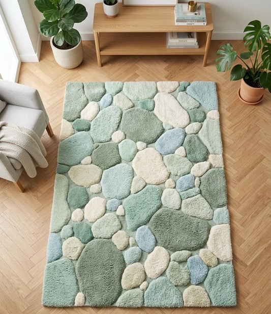 Luxury Pebble Area Rug | Handmade Hand Tufted Wool Rug | Sage Green Modern Stone Rug | Soft Plush Living Room Carpet | Custom Size Rug