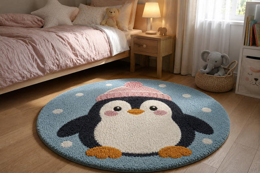 Cute Penguin Rug | Round Nursery Carpet for Kids Room | Tufted Animal Play Mat | Kawaii Blue Fluffy Rug | Playroom Decor | Baby Shower Gift